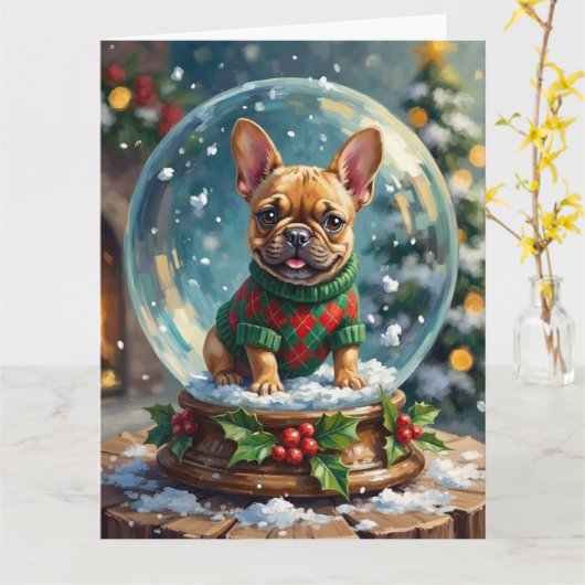 French Bulldog Snow Globe Christmas Sweater カード (黄色い花)