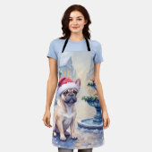French Bulldog Snowy Town Fountain Santa Christmas エプロン (着用した状態)