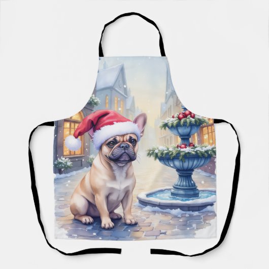 French Bulldog Snowy Town Fountain Santa Christmas エプロン (正面)
