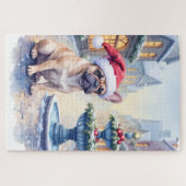 French Bulldog Snowy Town Fountain Santa Christmas ジグソーパズル (横)