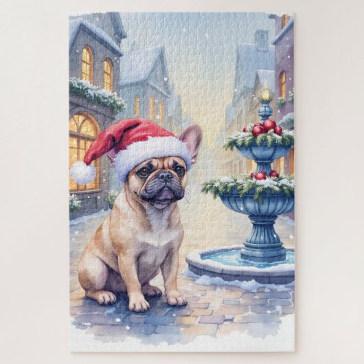 French Bulldog Snowy Town Fountain Santa Christmas ジグソーパズル (縦)