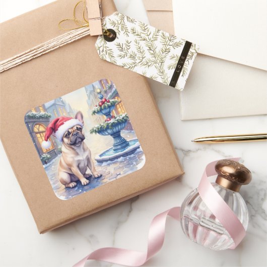French Bulldog Snowy Town Fountain Santa Christmas スクエアシール (ギフト)