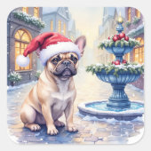 French Bulldog Snowy Town Fountain Santa Christmas スクエアシール (正面)