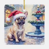 French Bulldog Snowy Town Fountain Santa Christmas セラミックオーナメント (裏面)