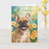 French Bulldog Tiny Orange Cosmos Birthday カード (黄色い花)