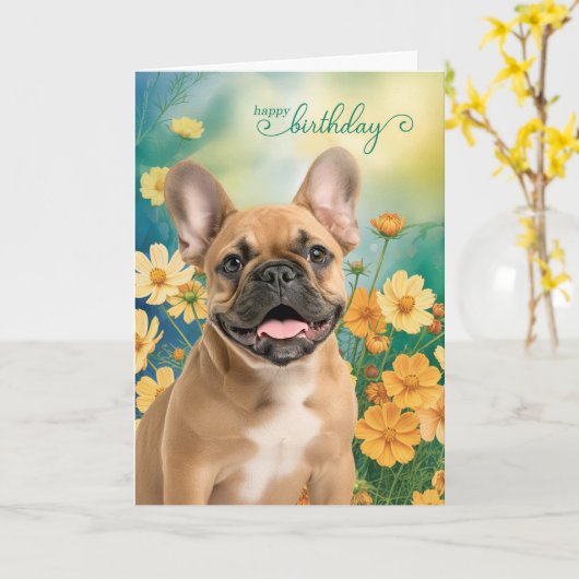 French Bulldog Tiny Orange Cosmos Birthday カード (黄色い花)