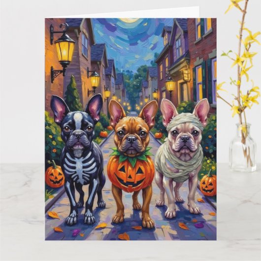 French Bulldog Trick-or-Treating Halloween Costume カード (黄色い花)