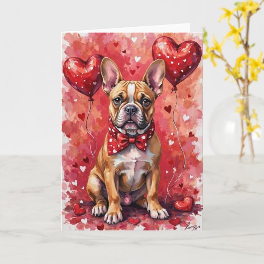 French Bulldog Valentine’s Day Dog with Hearts Red カード (黄色い花)