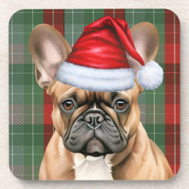 French Bulldog with Red and Green Holiday Plaid コースター
