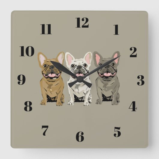 French Bulldogs スクエア壁時計 (正面)