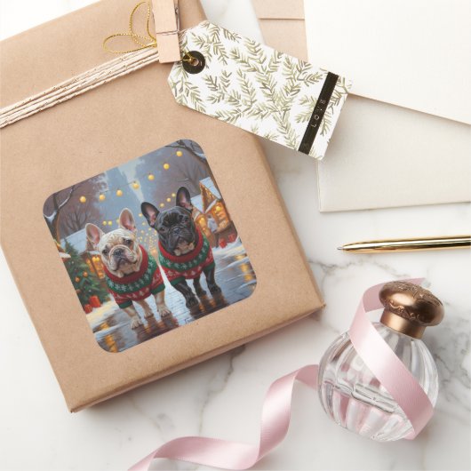 French Bulldogs Christmas Snow Holiday スクエアシール (ギフト)