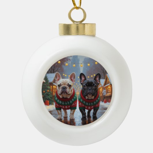 French Bulldogs Christmas Snow Holiday セラミックボールオーナメント (正面)