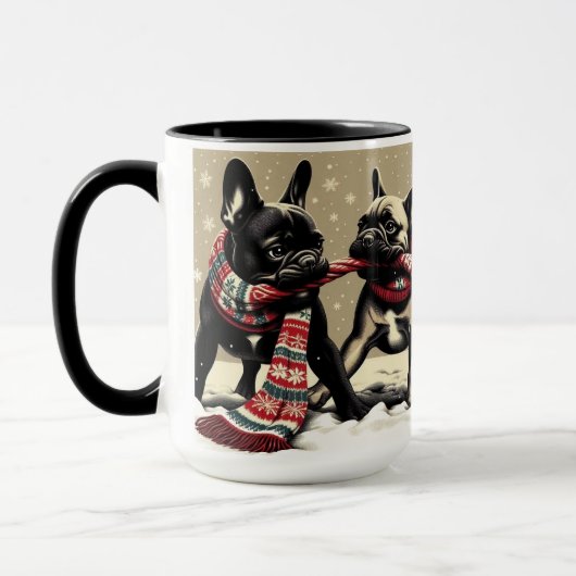 French Bulldogs Tug-of-War Christmas Mug Cup マグカップ (左)
