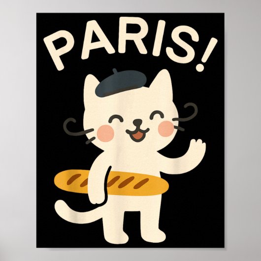 French Cat With Baguette Cute Cat Paris Funny Anim ポスター (正面)