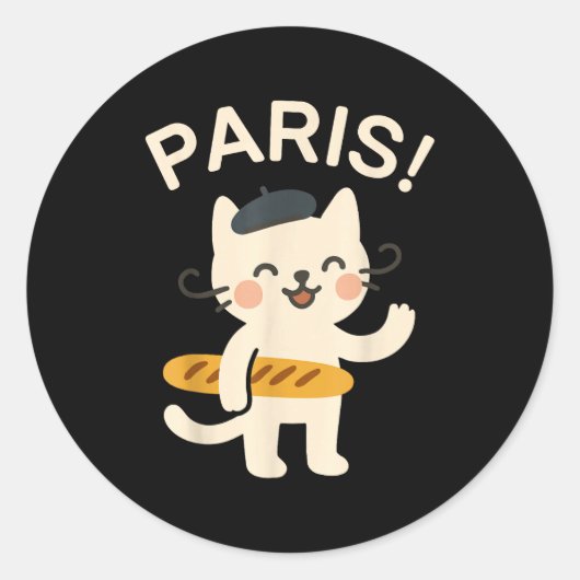 French Cat With Baguette Cute Cat Paris Funny Anim ラウンドシール (正面)