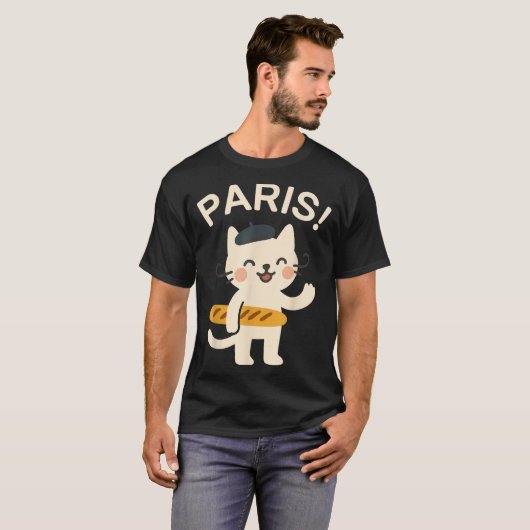 French Cat With Baguette Cute Cat Paris Funny Anim Tシャツ (正面フル)