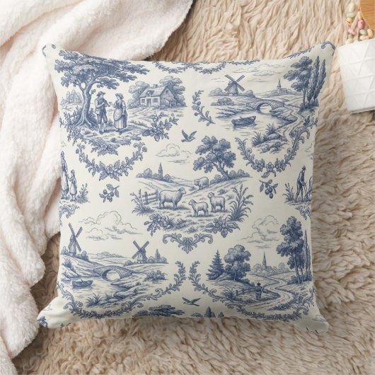 French Country - Blue & Cream Toile Countryside クッション (ブランケット)