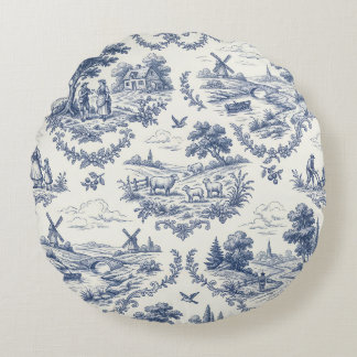 French Country - Blue & Cream Toile Countryside ラウンドクッション