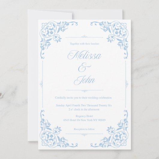 French Country Blue Filigree Wedding invitation 招待状 (正面)