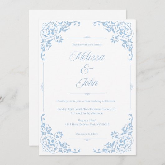 French Country Blue Filigree Wedding invitation 招待状 (正面/裏面)