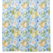 French Country Blue Tile Yellow Lemon Watercolor シャワーカーテン (正面)