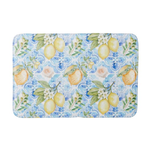 French Country Blue Tile Yellow Lemon Watercolor バスマット (正面)