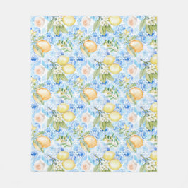 French Country Blue Tile Yellow Lemon Watercolor フリースブランケット