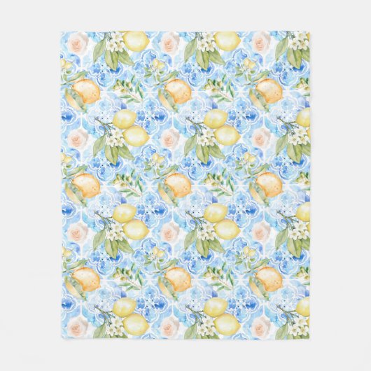 French Country Blue Tile Yellow Lemon Watercolor フリースブランケット (正面)