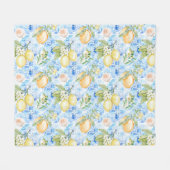 French Country Blue Tile Yellow Lemon Watercolor フリースブランケット (正面(横))