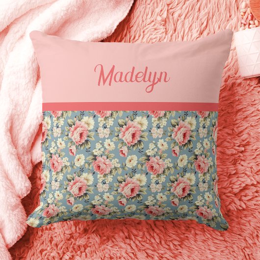 French Country Garden Floral Pink Monogram Name クッション