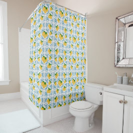 French Country Lemon Blue Floral Tile Pattern シャワーカーテン