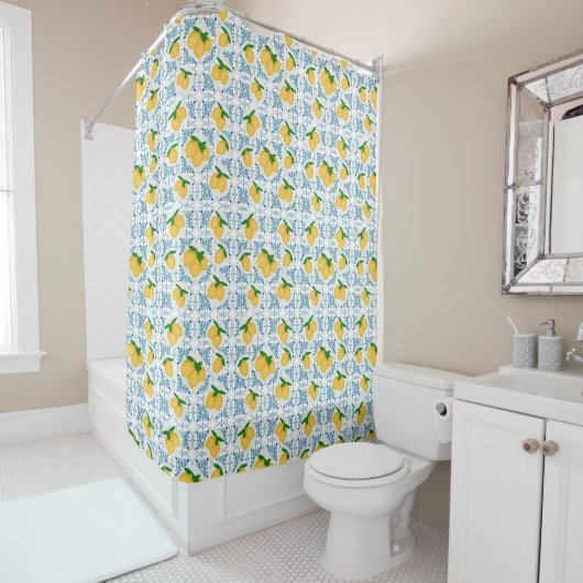 French Country Lemon Blue Floral Tile Pattern シャワーカーテン (インサイチュ)