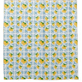 French Country Lemon Blue Floral Tile Pattern シャワーカーテン (正面)