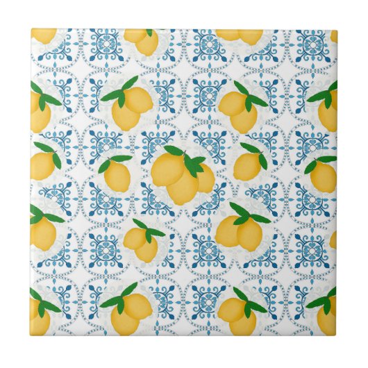 French Country Lemon Blue Floral Tile Pattern タイル (正面)