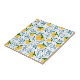 French Country Lemon Blue Floral Tile Pattern タイル