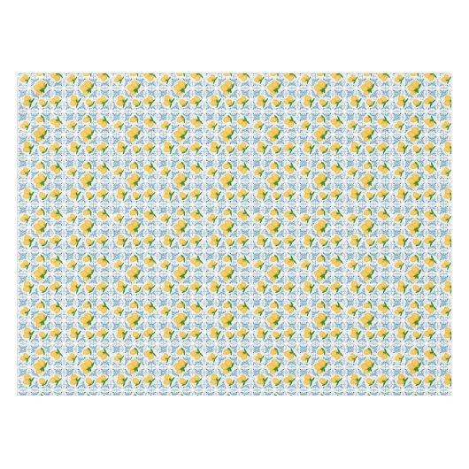 French Country Lemon Blue Floral Tile Pattern テーブルクロス (正面(横))