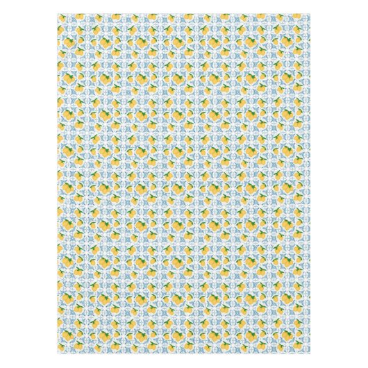 French Country Lemon Blue Floral Tile Pattern テーブルクロス (正面)