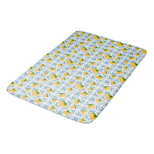 French Country Lemon Blue Floral Tile Pattern バスマット (アングル)
