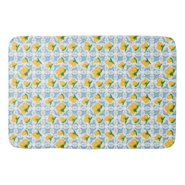 French Country Lemon Blue Floral Tile Pattern バスマット