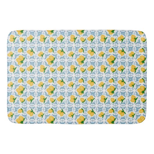 French Country Lemon Blue Floral Tile Pattern バスマット (正面)