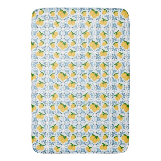French Country Lemon Blue Floral Tile Pattern バスマット (正面縦)
