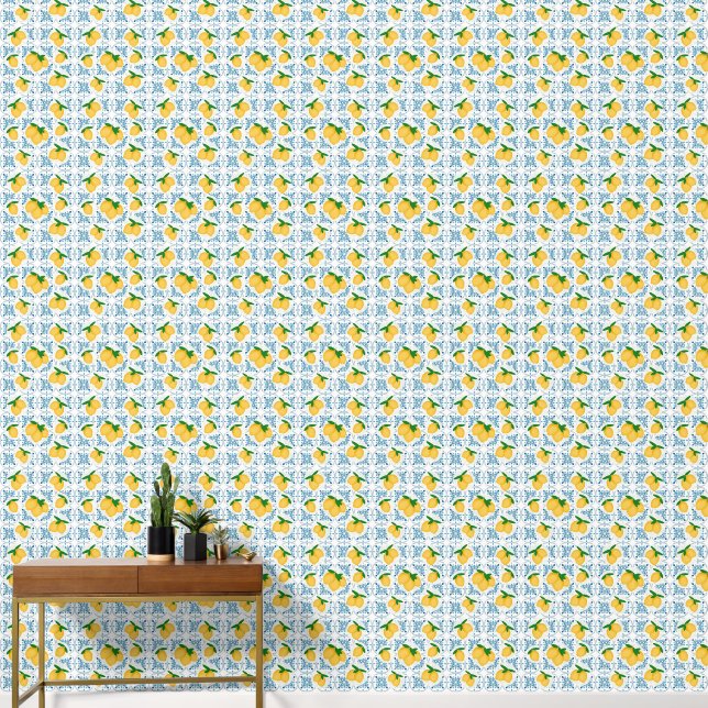 French Country Lemon Blue Floral Tile Pattern 壁紙 (廊下)