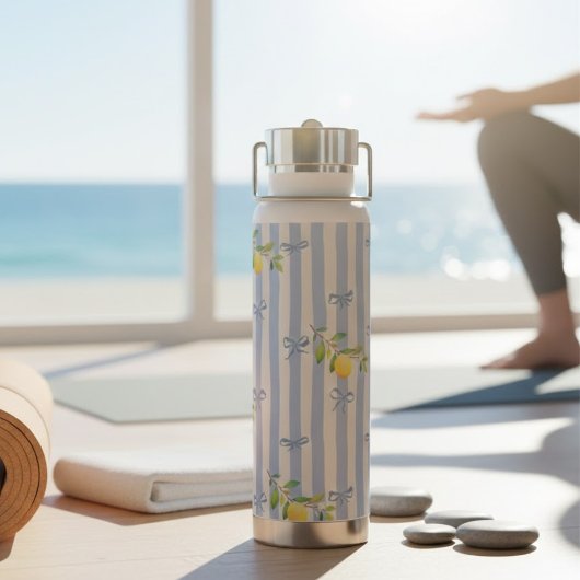 French Country Lemon  – Blue Stripe Bow Pattern ウォーターボトル