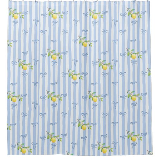 French Country Lemon – Blue Stripe Bow Pattern シャワーカーテン (正面)