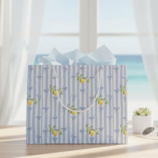 French Country Lemon – Blue Stripe Bow Pattern ラージペーパーバッグ