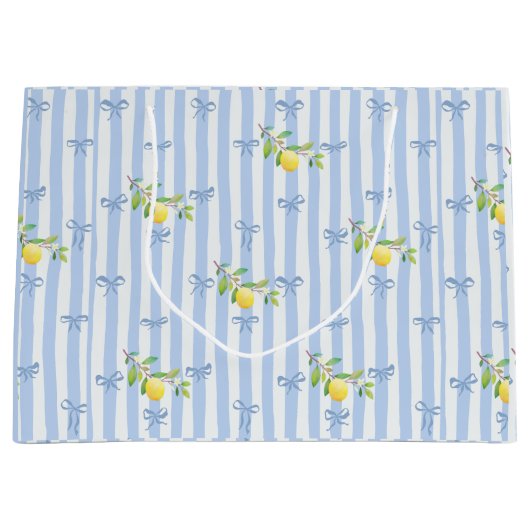 French Country Lemon – Blue Stripe Bow Pattern ラージペーパーバッグ (正面)