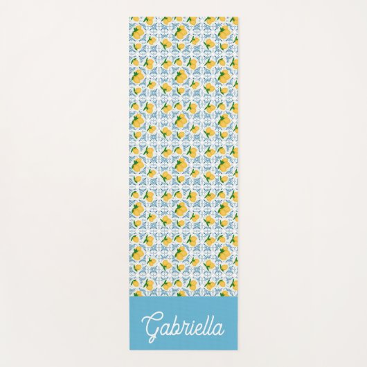 French Country Lemon Blue Tile Monogram ヨガマット (正面)