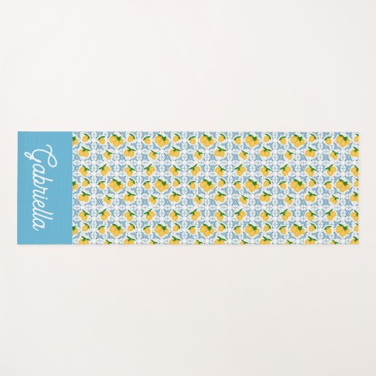 French Country Lemon Blue Tile Monogram ヨガマット (正面(横))