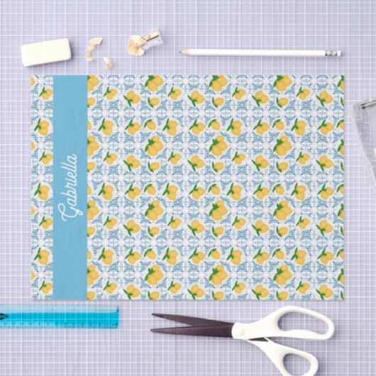French Country Lemon Blue Tile Monogram 薄葉紙 (クラフト)