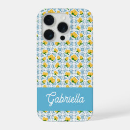 French Country Lemon Blue Tile Monogram iPhone 15 Proケース